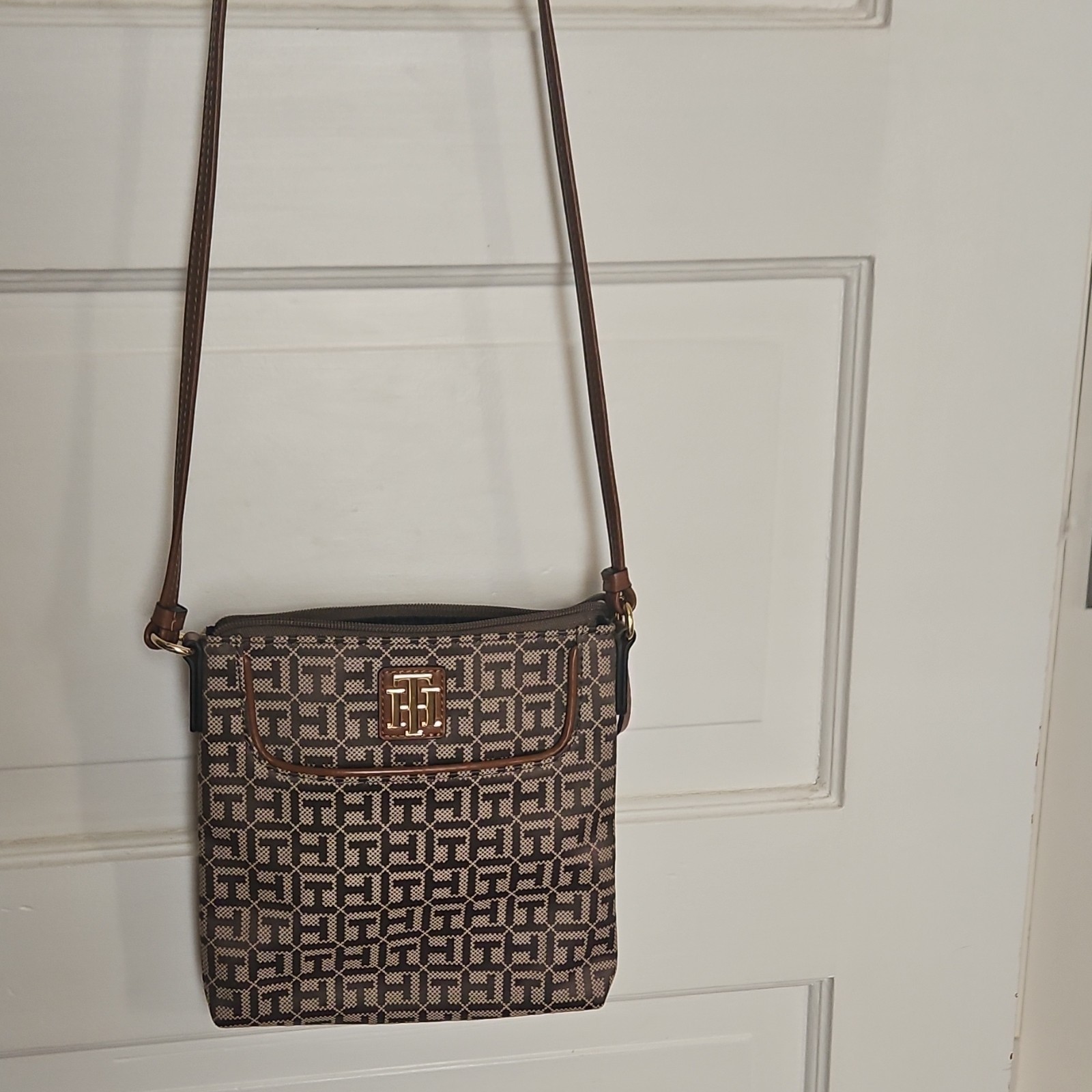Tommy Hilfiger Brown Beige Monogram Small Crossbody Bag Zip Top Gold Hardware
