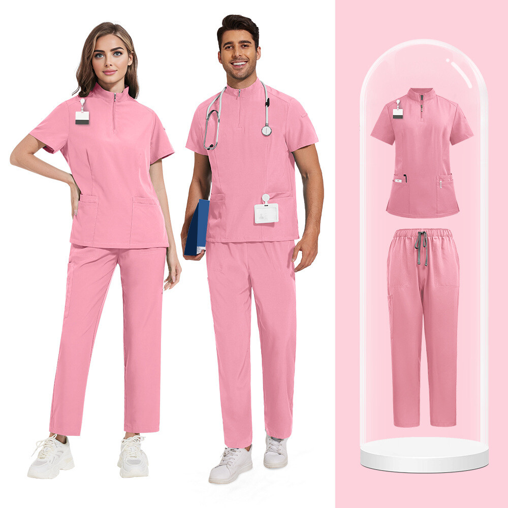 Medical Nursing Scrub Uniform Set Zipper-Tops Straight-Pants for Hospital Clinic