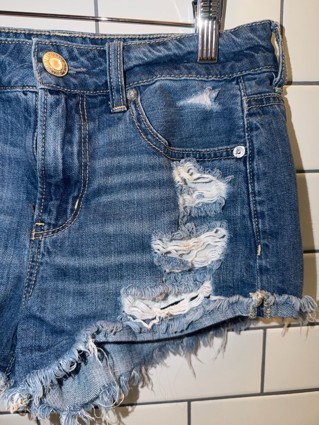 American Eagle Distressed Tomgirl Shortie Denim Shorts