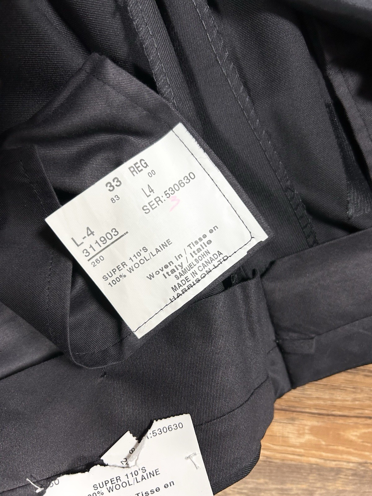 Samuelsohn Pants Men’s 33×38 Unhemmed Black Super 110’s Pleated Wool Italy L-4