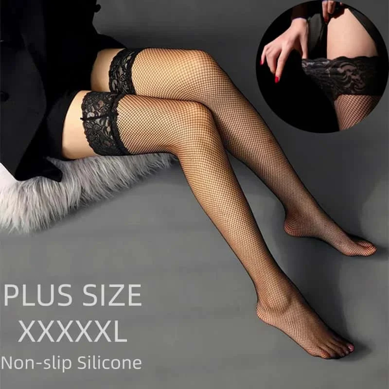 Large plus Size Black Lace Top Fishnets Long Socks Silicone Non-Slip Thigh over