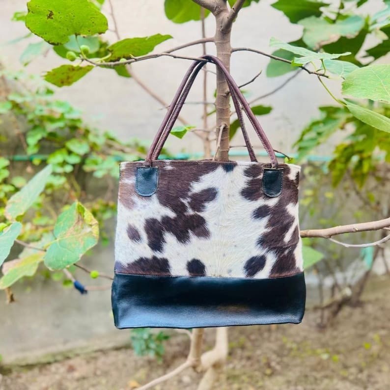 Genuine Cowhide Leather Tote Bag Black & White Hair-On Hide Shoulder Handbag 17″