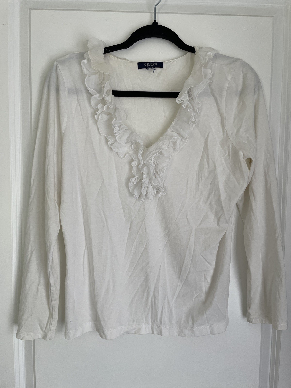 CHAPS Women Ruffle V Neck Long Sleeve Top White Cotton Knit Blouse Romantic Y2K