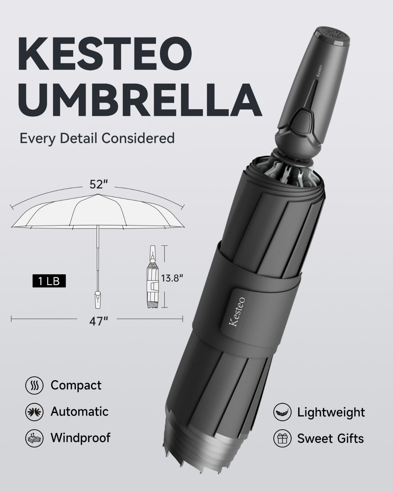 Windproof 52″ Travel Umbrella – Auto Open/Close, 85MPH Wind Resistant, Compact &