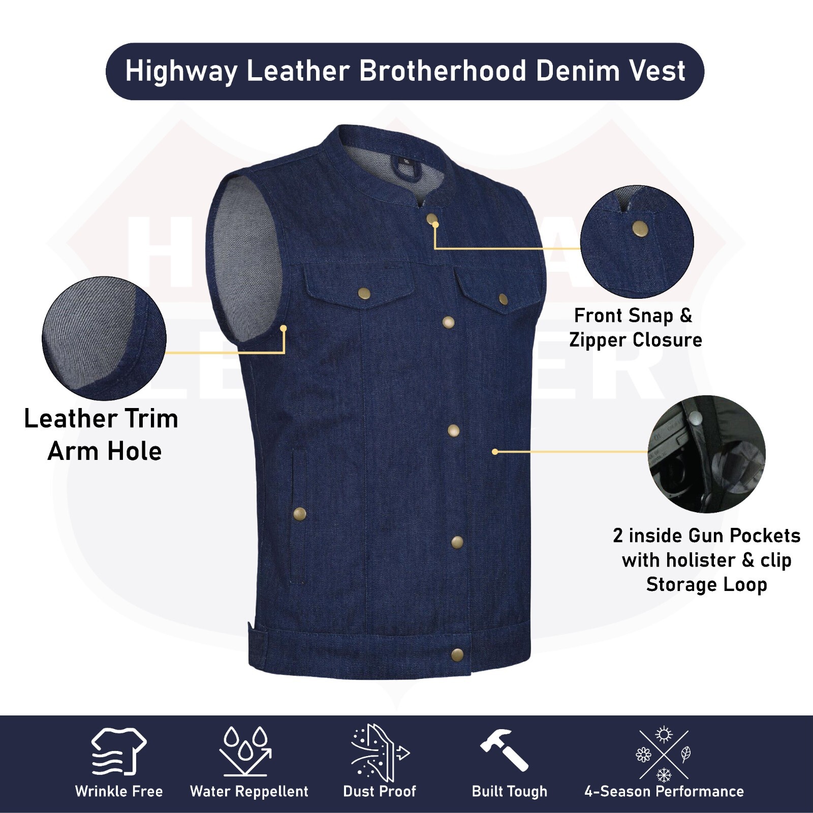 Biker Denim Blue Club Style Anarchy Vest with Conceal Carry Gun Pocket HL21689BL