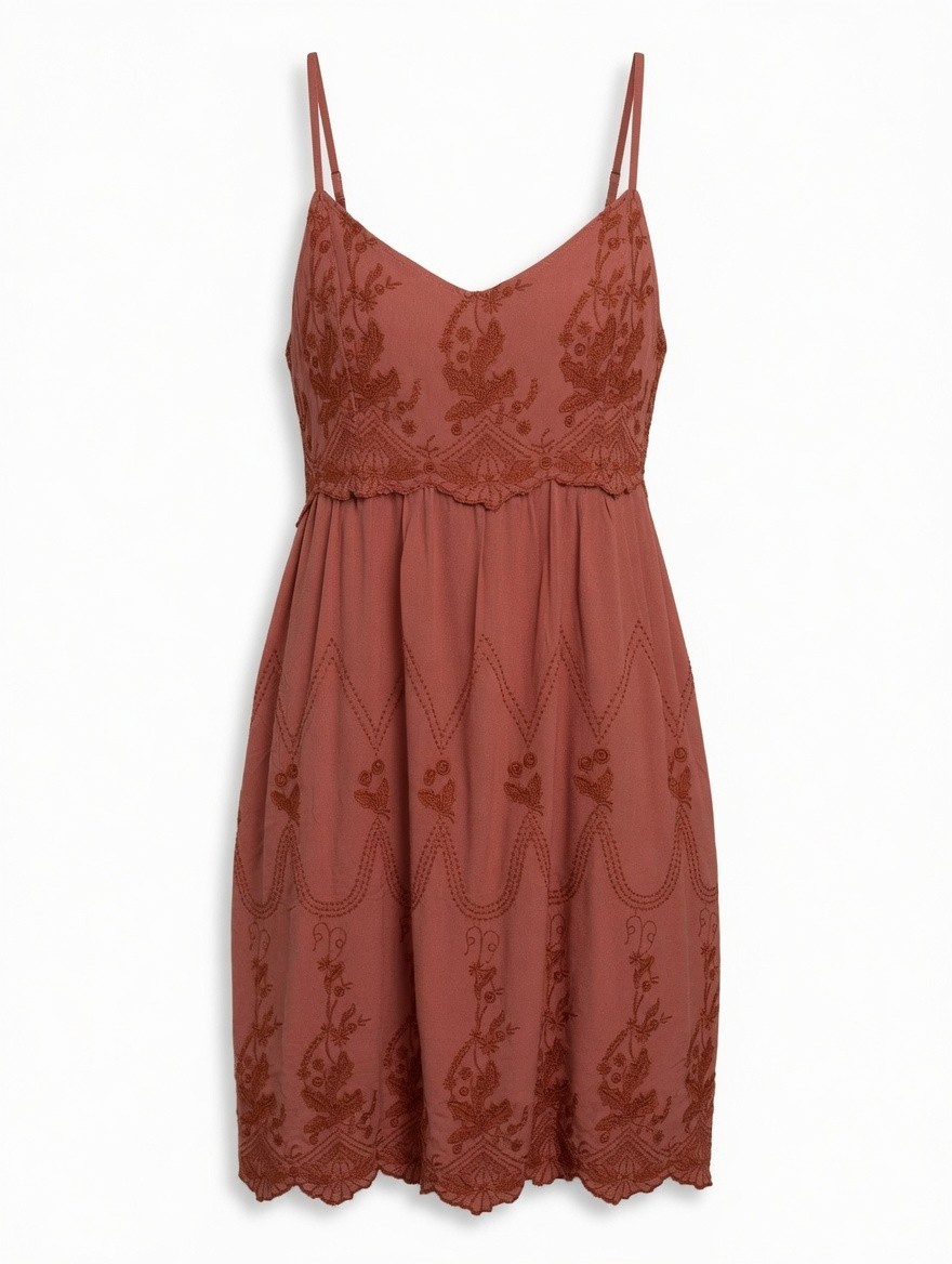 Cleo+Wolf Brina Mini Dress Sz XL Embroidered Brick Red Boho Scalloped Boot Barn