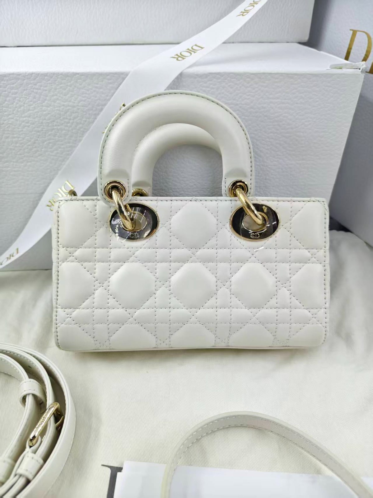 Dior D‑Joy Mini White Gold‑Tone Hardware Shoulder Handbag