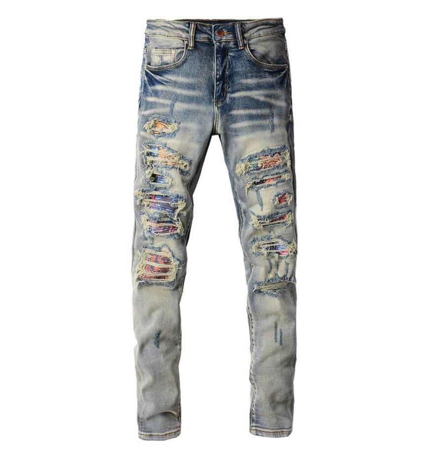 Men’s Retro Blue Denim Jeans Stretch Ripped Casual Punk Hip Hop Ripped Pants New