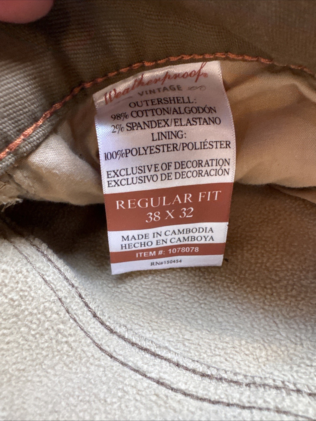 Weatherproof Vintage Fleece Lined Stretch Canvas Regular Fit Men’s 38×32 Wheat