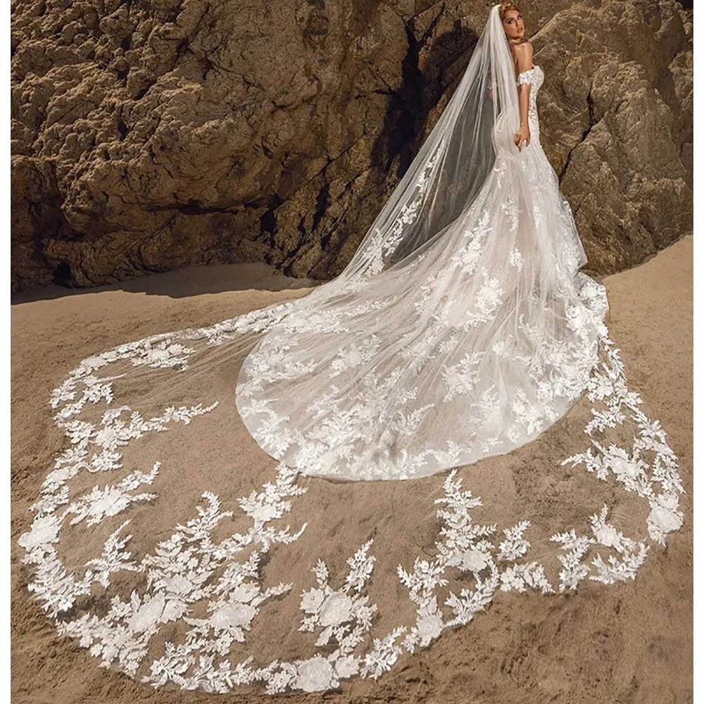 Bridal Wedding Veil Flower Applique Edge Lace Cathedral Length With Comb