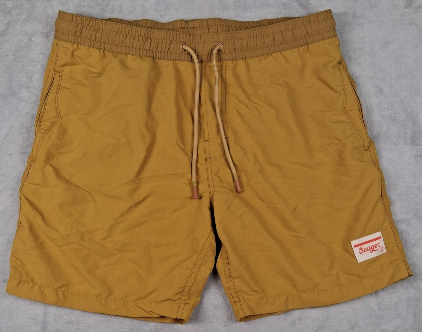 Seager Co Mustard Yellow Board Shorts Men L Elastic Waist Outdoor Utility Nylon