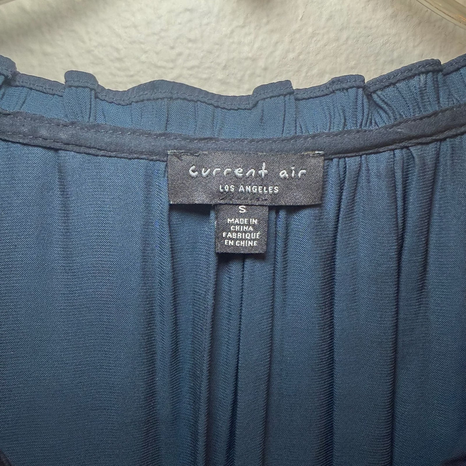 Current Air Navy Blue Smocked Waist Long Sleeve Blouse with Tie Detail