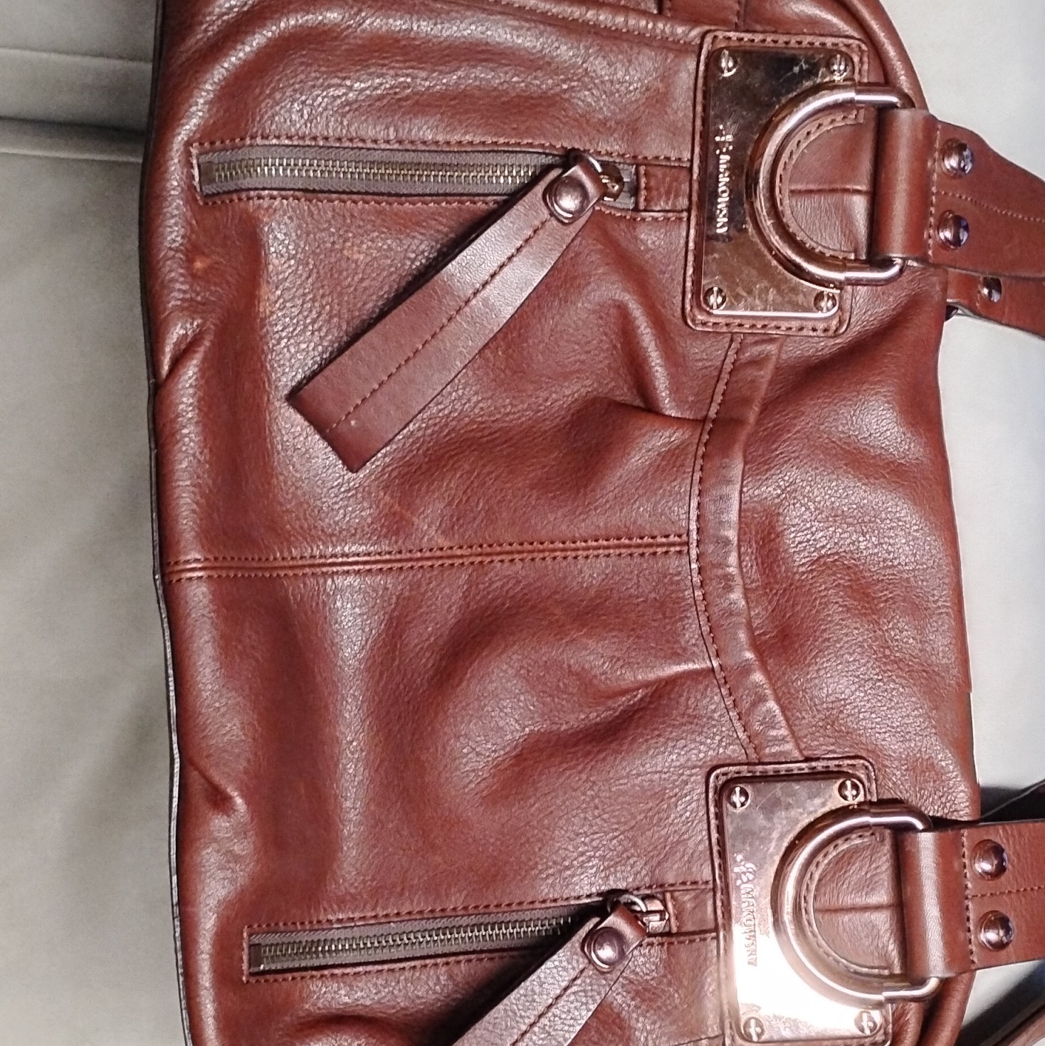 B. Makowsky Large Brown Pebbled Satchel, Leopard Lined, Zip, Detach Strap