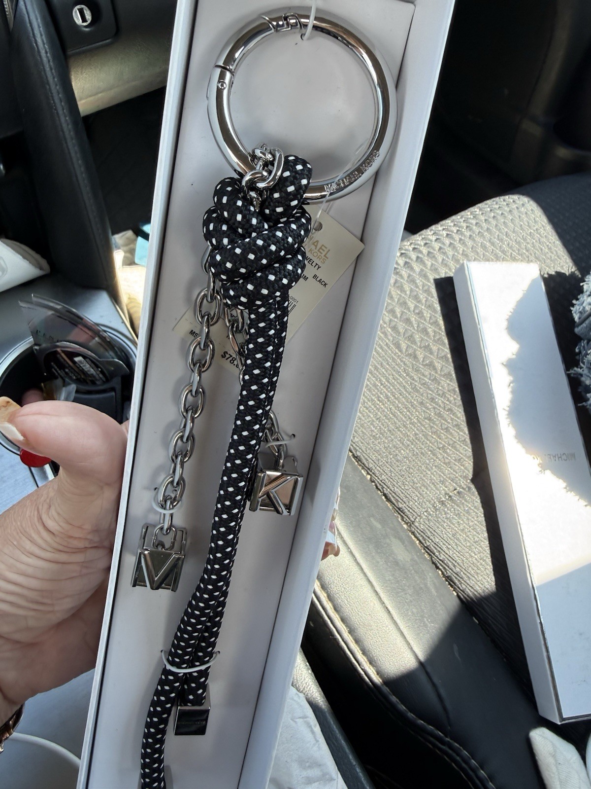 Michael Kors Black Woven Key Chain Keyring MK Logo Charm Silver Metal Accents