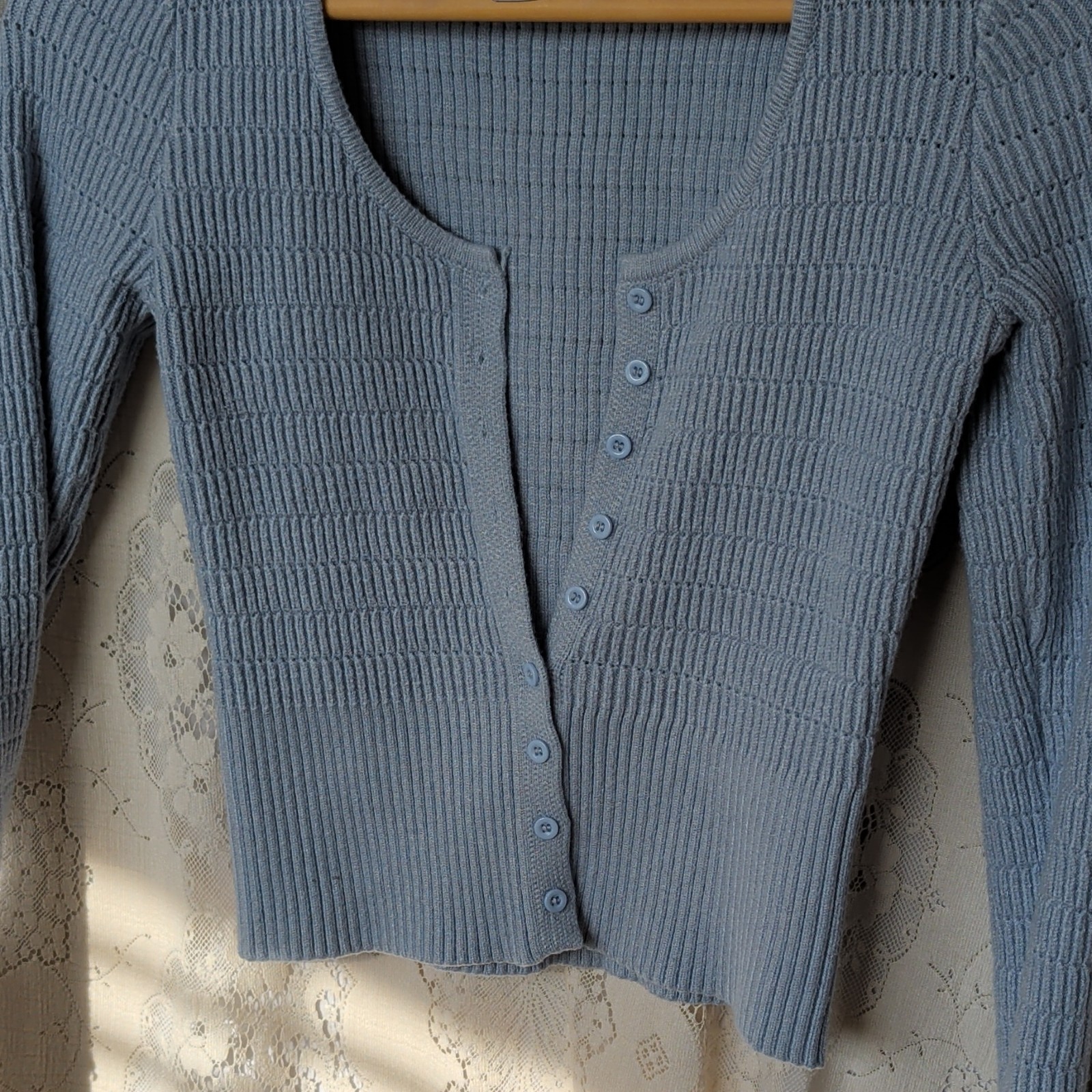 RSQ Blue V-Neck Button Rib-Knit Cardigan Sweater Long Sleeve Womens S