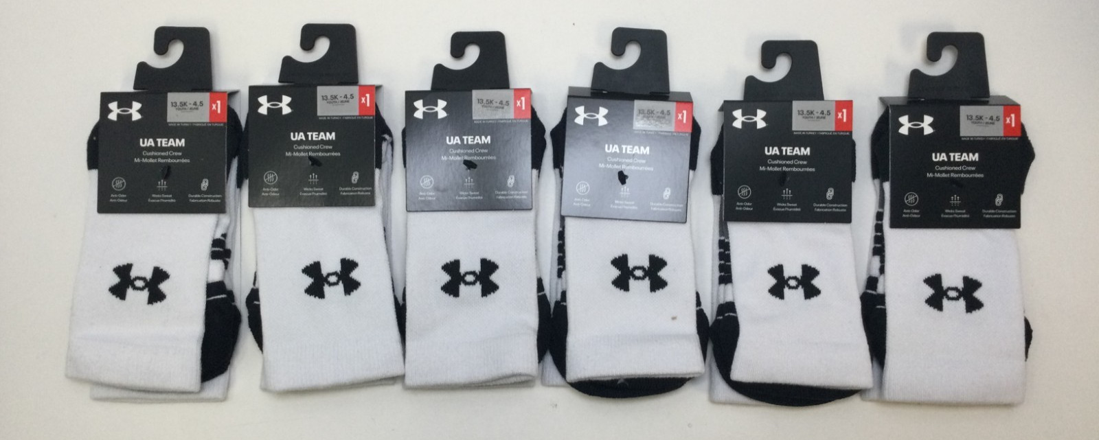 Under Armour Team Cushioned Crew Socks, Size 13.5k – 4.5, White (6 PAIRS)