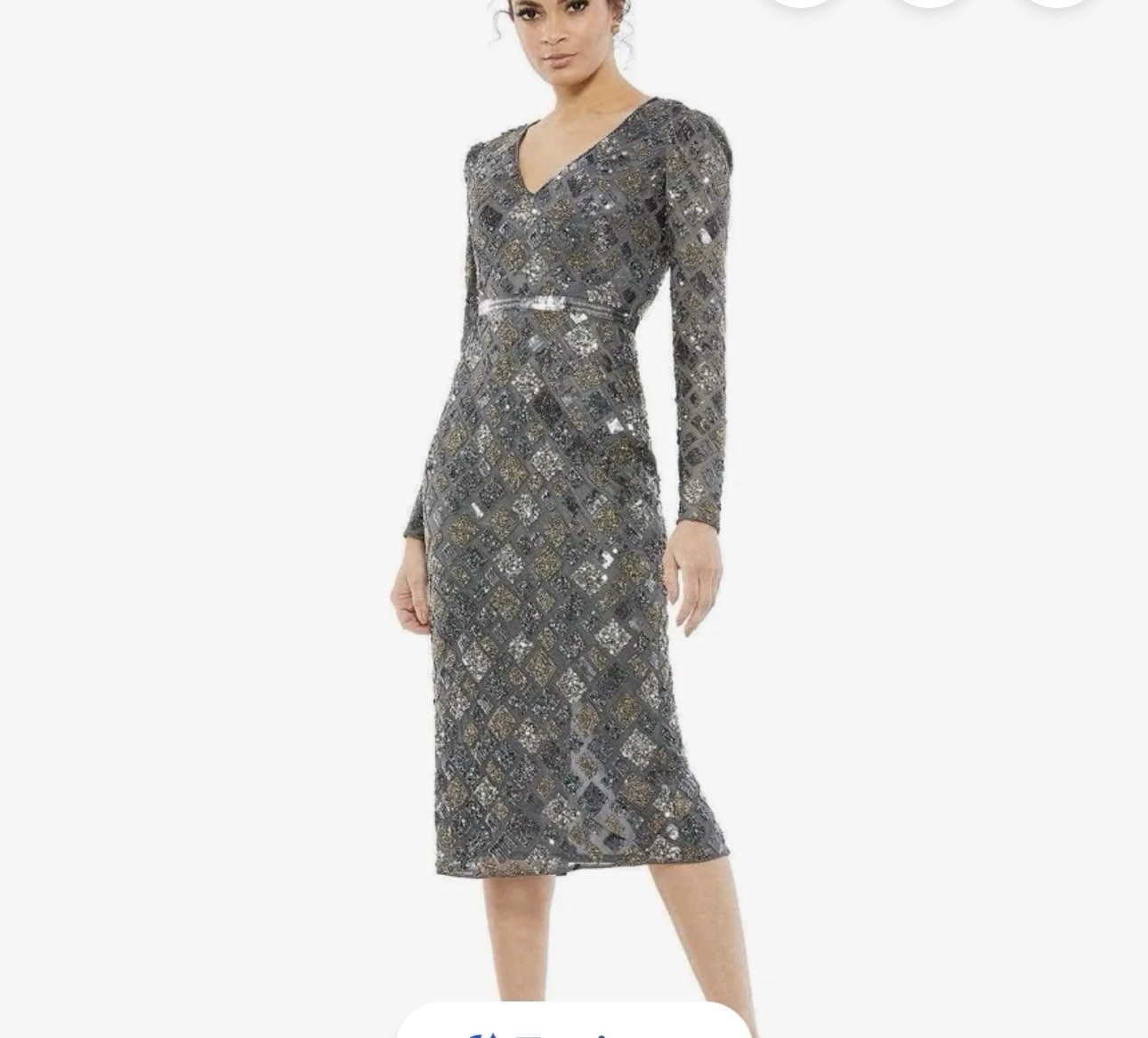 Mac Duggal Gray Geometric Sequin V-Neck Puff Sleeve Sheath Midi Dress size 14