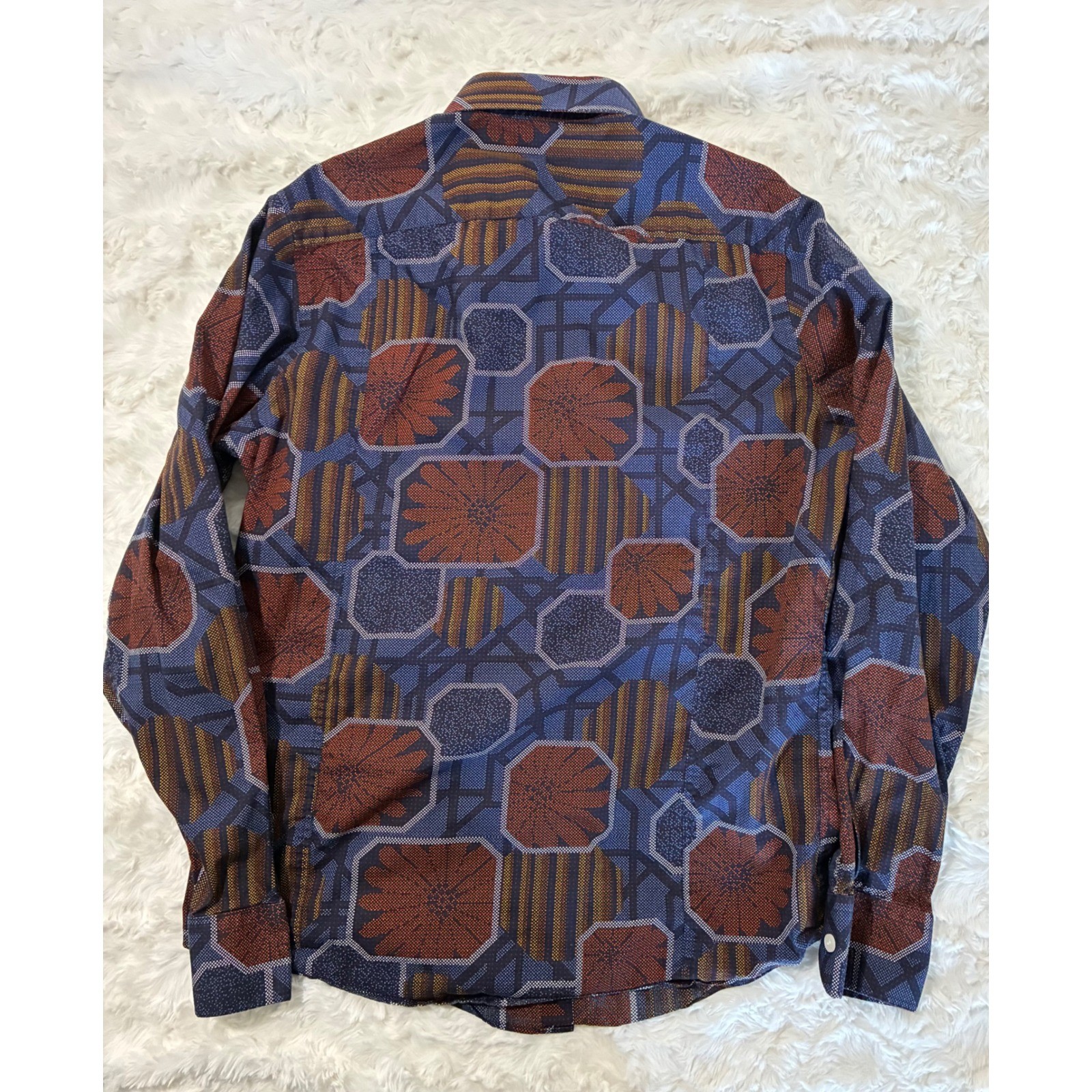 Murano Slim Fit Button Down Shirt Mens Medium Blue Orange Geometric Print Cotton