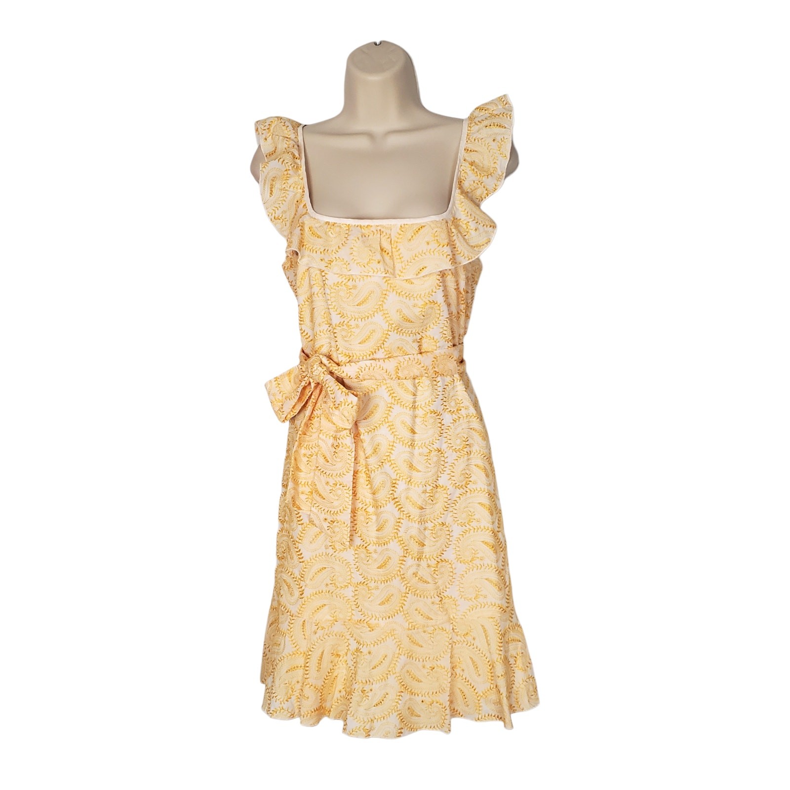 Gal Meets Glam Abby Eyelet Ruffled Sleeveless Dress Golden Yellow Size 6 Summer