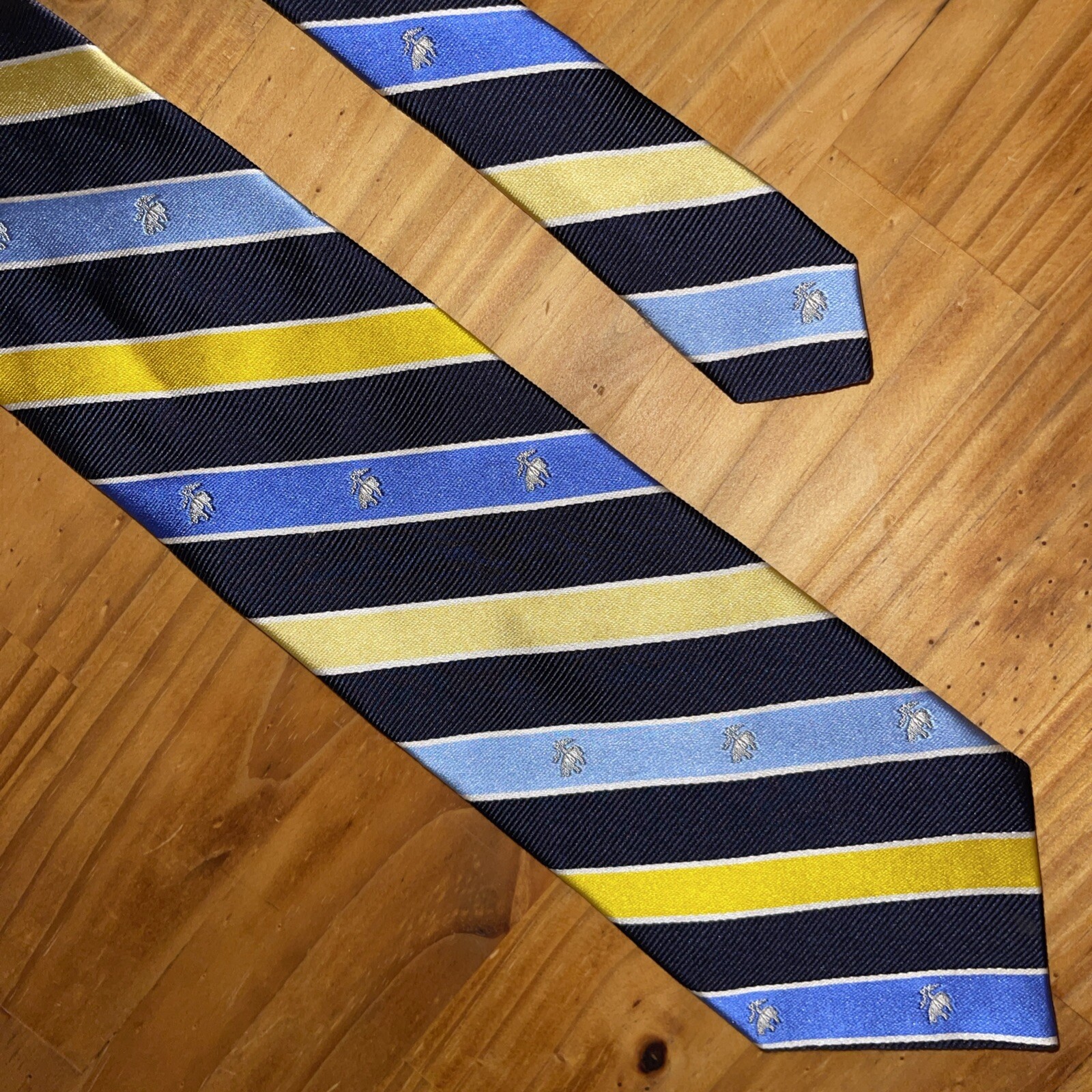 Brooks Brothers Neck Tie Men Logo Striped Yellow Navy Blue Repp