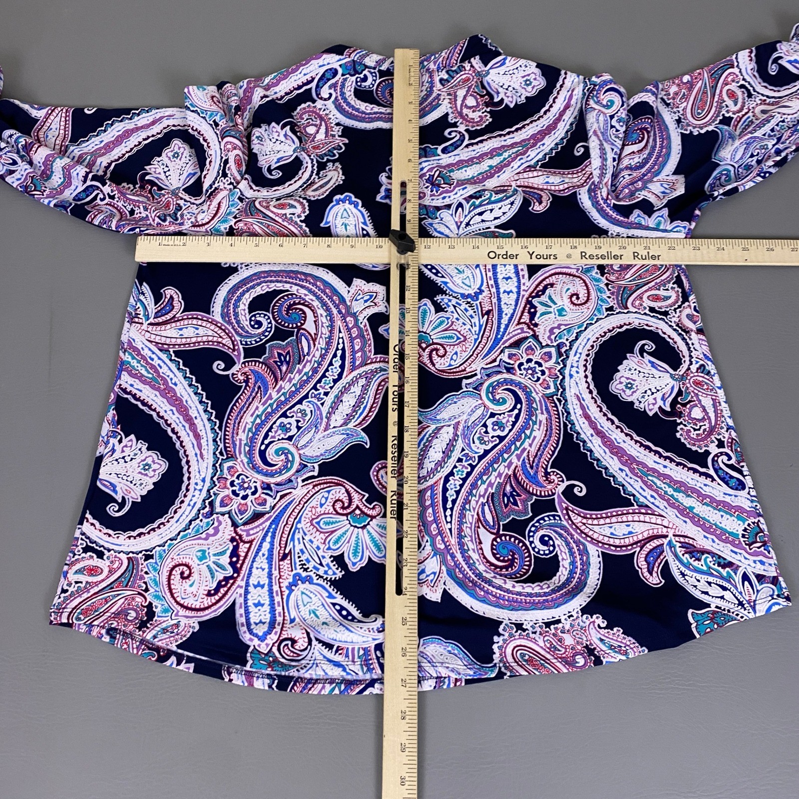 Ava & Grace Blouse Tunic Women’s XL Navy Blue Paisley 3/4 Roll Tab Sleeve Henley