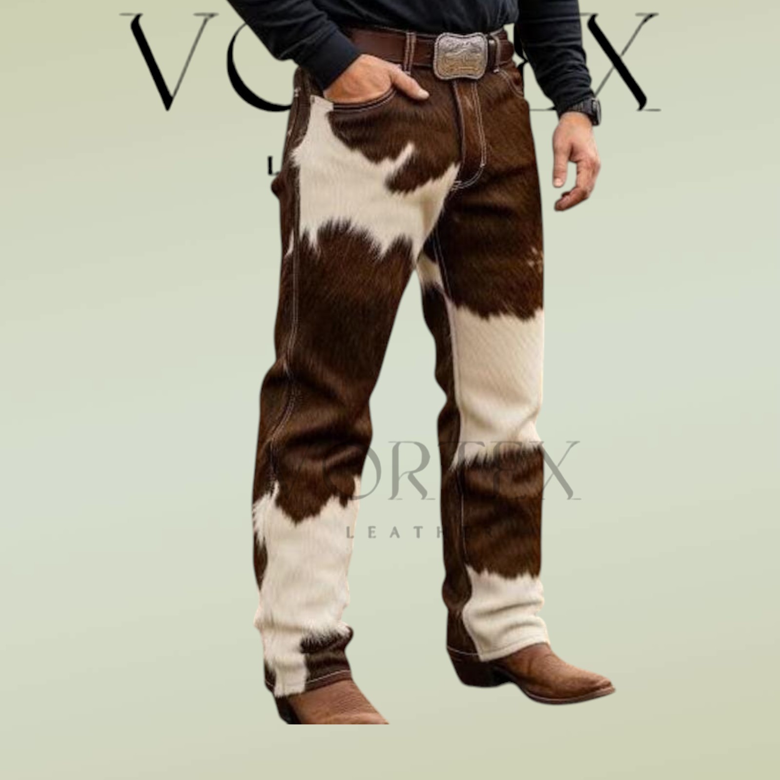 Men’s Brown & White Cowhide Hair On Hide Leather Pants Western Rodeo pants