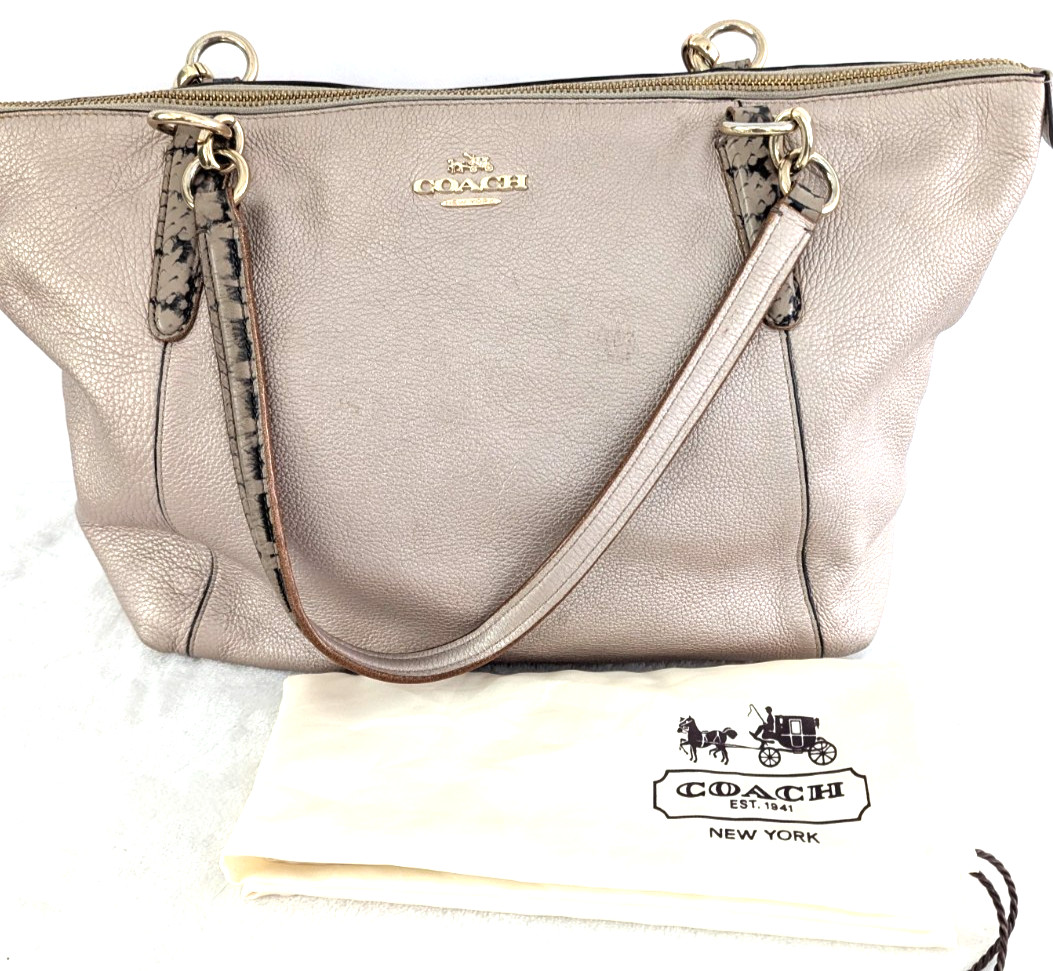 Coach Ava Large Tote Metallic Beige Pink Gold Leather Bag Exotic Trim Dust Cover