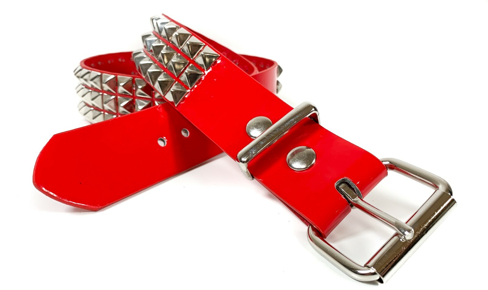 Red Patent Three Row Pyramid Stud Belt Genuine Punk Goth Metal Funk Plus