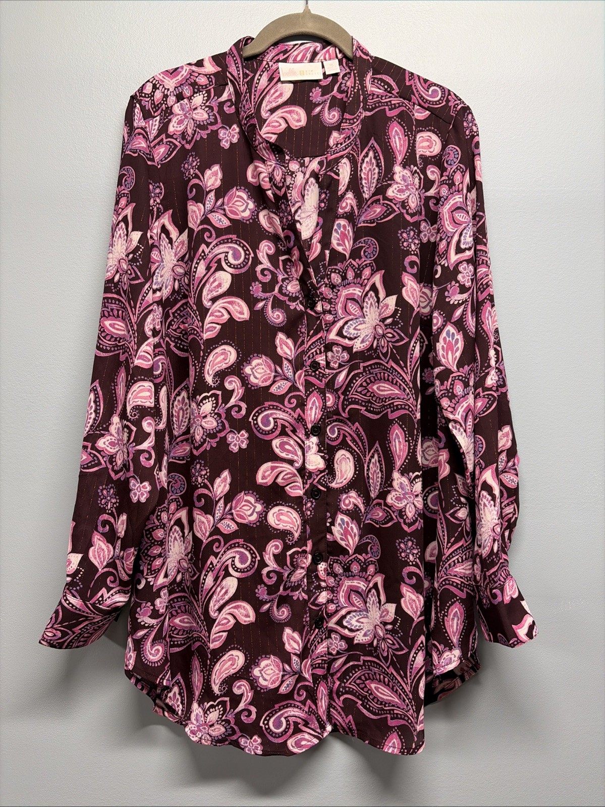 Bellle Kim Gravel-Burgundy Pink Paisley Semi-Sheer Lined Long Sleeve Top-1X