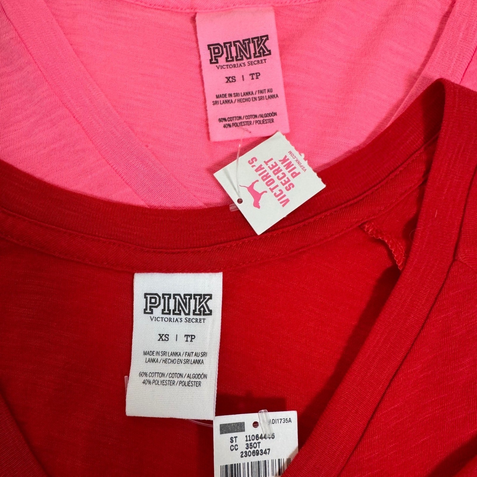 Victoria’s Secret PINK Long Sleeve V-Neck T-Shirt 2 Pack Red Neon Pink XS NEW
