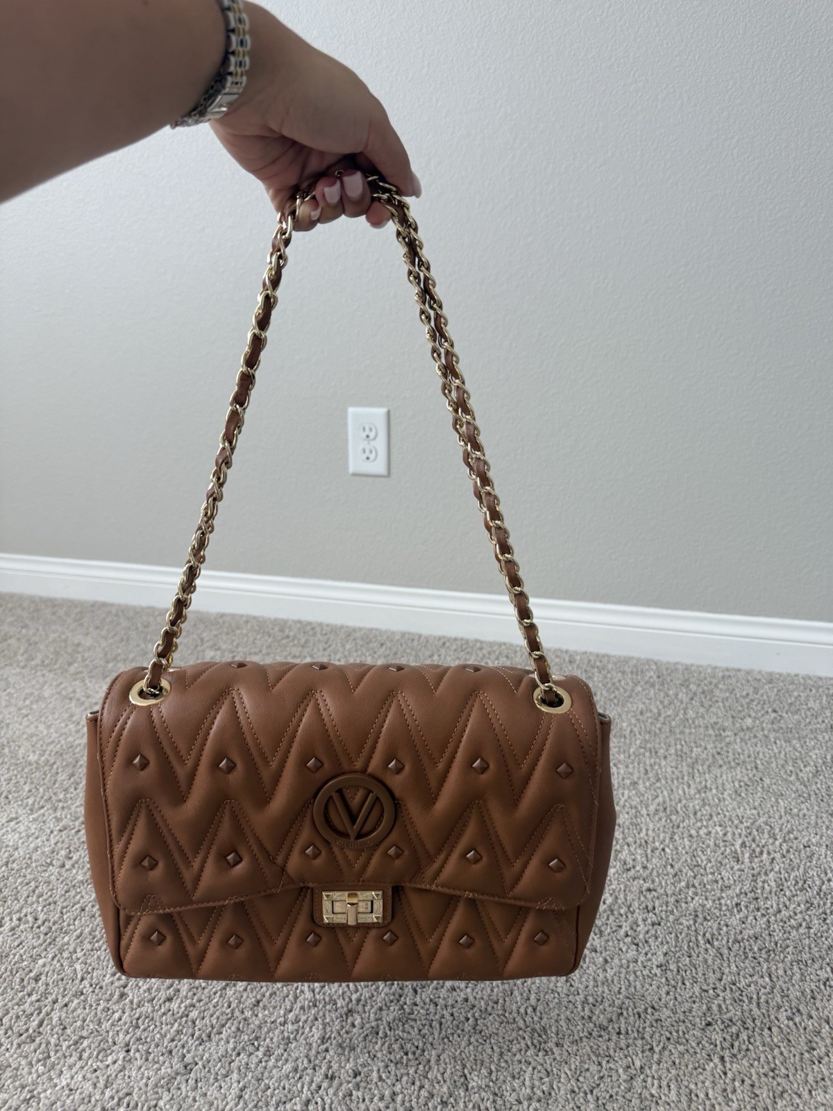 Valentino Brown Quilted VLogo Medium Shoulder Bag Gold Chain Strap Turn Lock