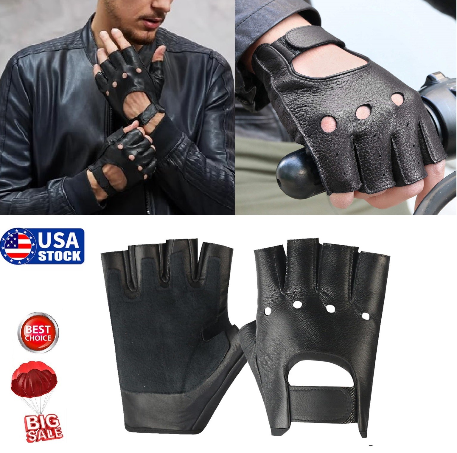 2× Men’s Black Motorcycle Fingerless Leather Half Finger Driving Biker Gloves US
