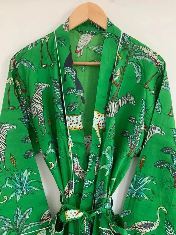 Green Safari Design Unisex Cotton Kimono/Robe, Bathrobe,Summerwear,Cotton kimono