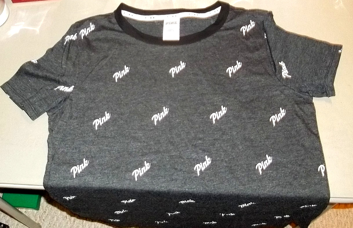 PINK Victoria’s Secret T Shirt Size LARGE Black All Over Logo Short Sleeve NWOT