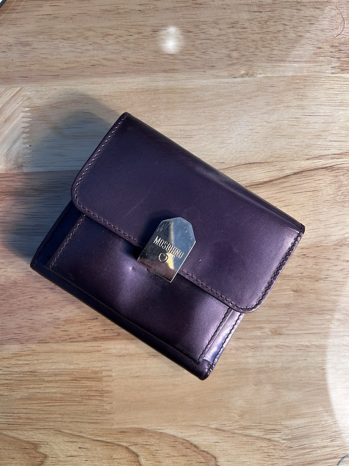 90s Moschino Redwall • Plum Leather • Mini Wallet Silver Heart Clasp • Vintage