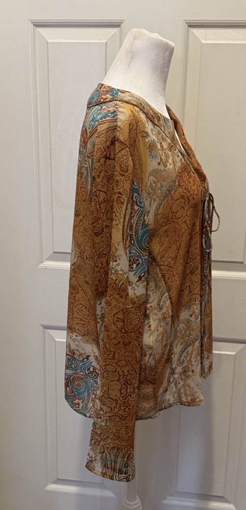 Paisley Boho Semi Sheer Long Sleeve Blouse 20” P2P 25” Length EUC Ladies Large