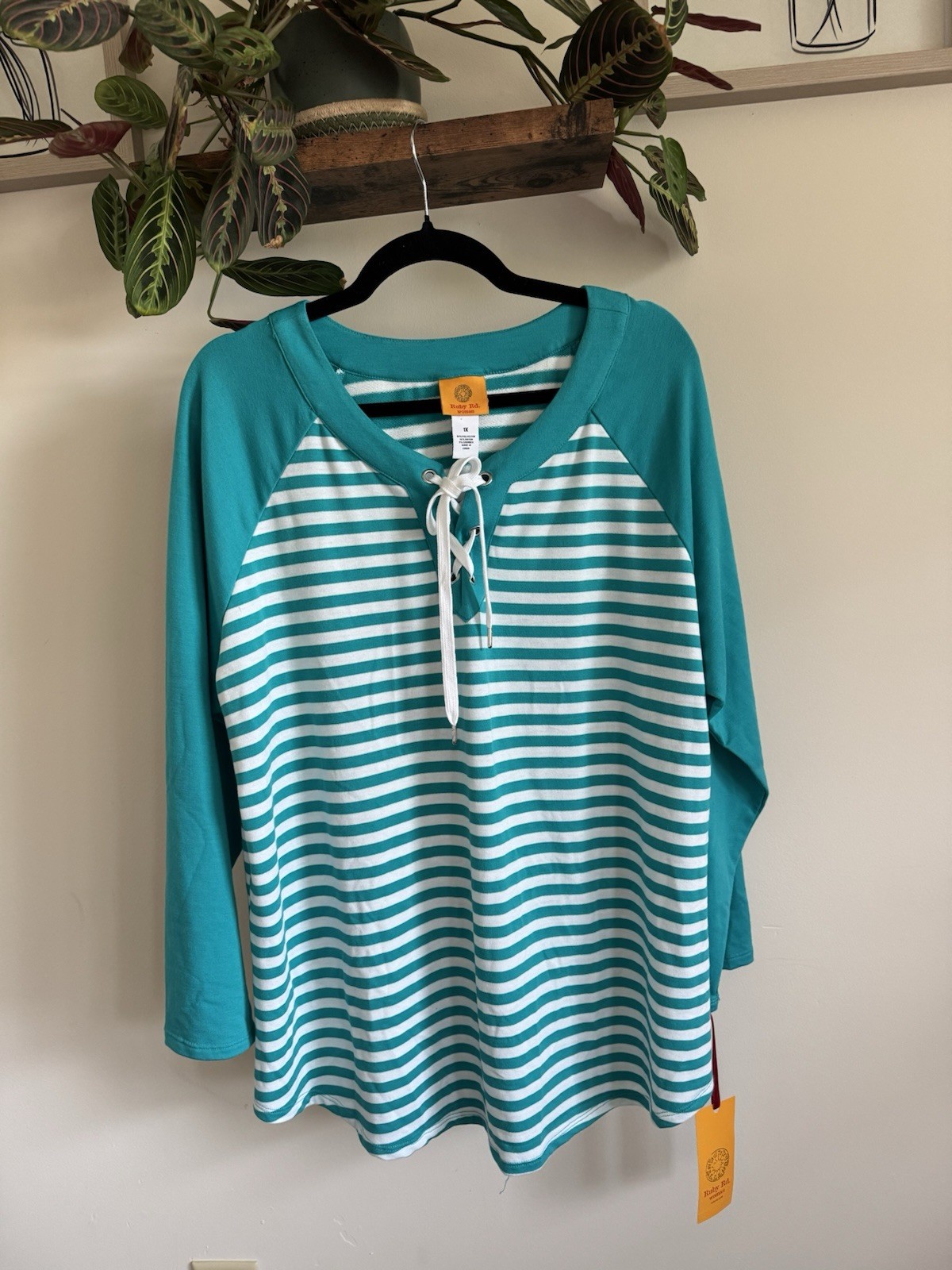 NWT Ruby Rd Top Womens 1X Teal Green White Striped Lace Up V-Neck Knit Blouse