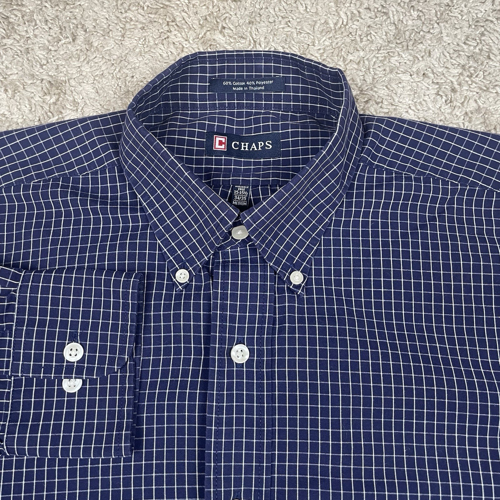 Chaps Shirt Men’s Medium Long Sleeve Button Down Blue Plaid Wrinkle Free
