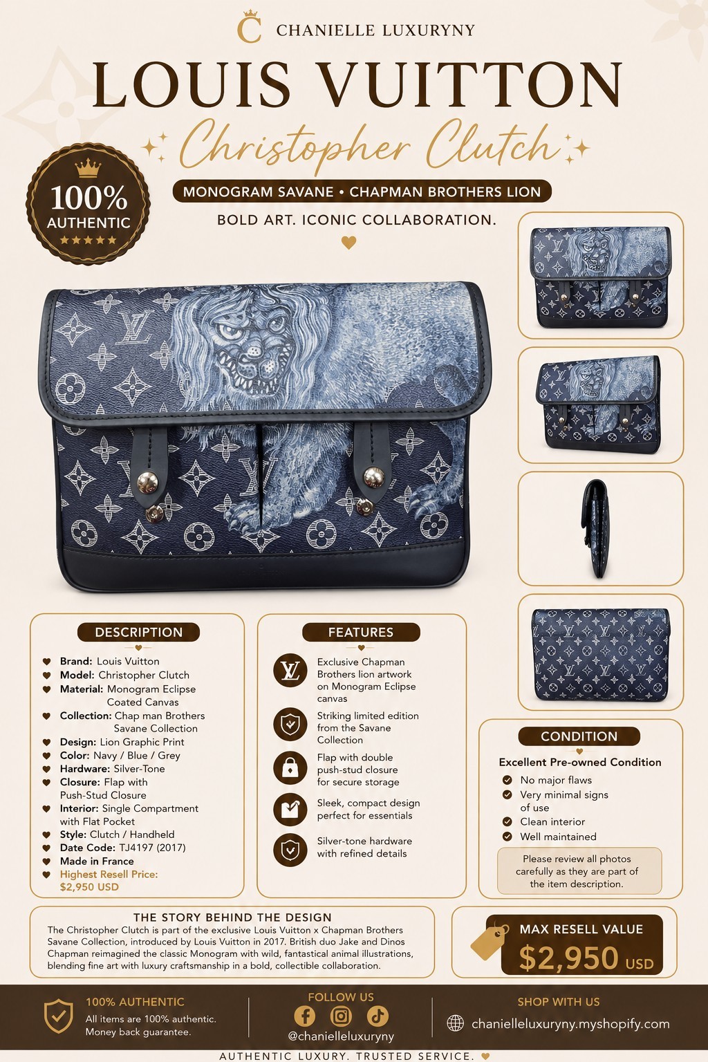 Louis Vuitton Savane Monogram Lion Graphic Clutch, Limited Edition, Navy