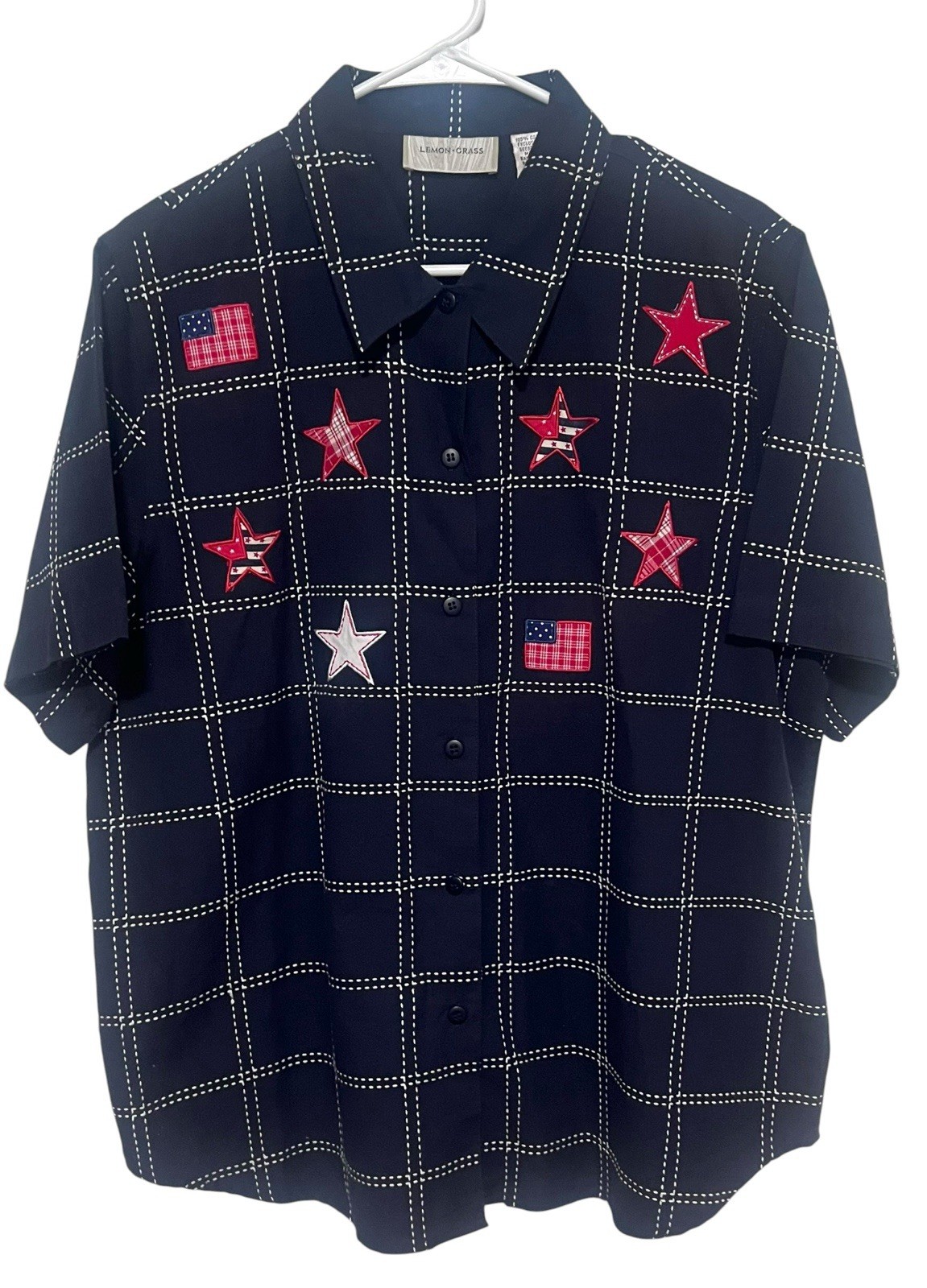 Lemon Grass American Flag Shirt Womens XL Embroidered Stars Navy Red 4th of July