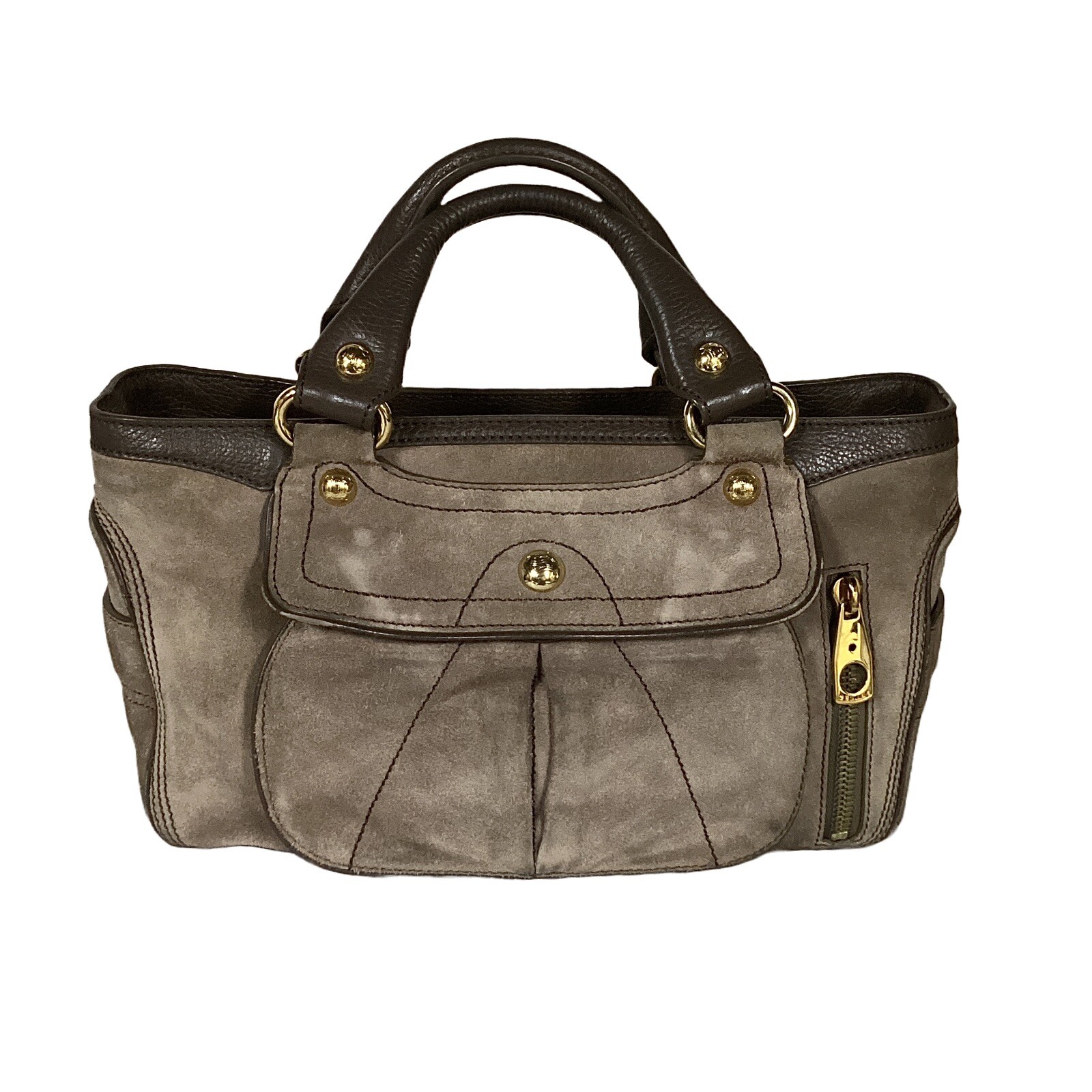 DARK ESPRESSO BROWN LEATHER CELINE “BOOGIE” CONTRAST STITCH SATCHEL BAG