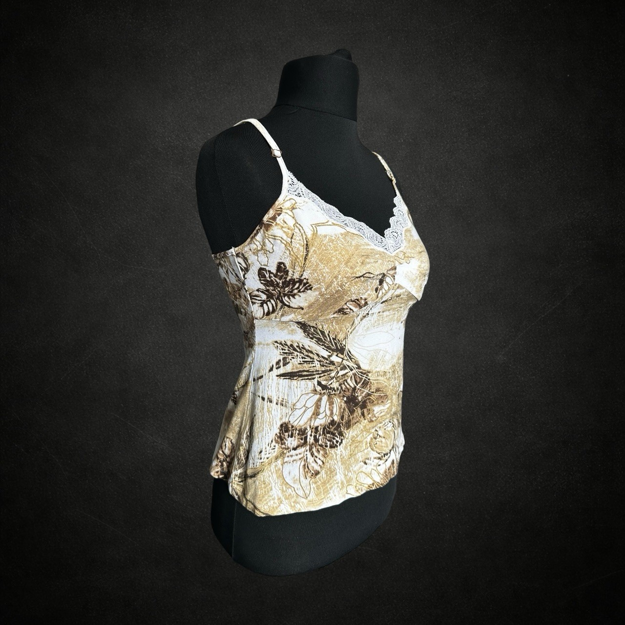 Apanage Womens Cami Top Large White Mustard Brown Leaf Lace Adjustable Y2K