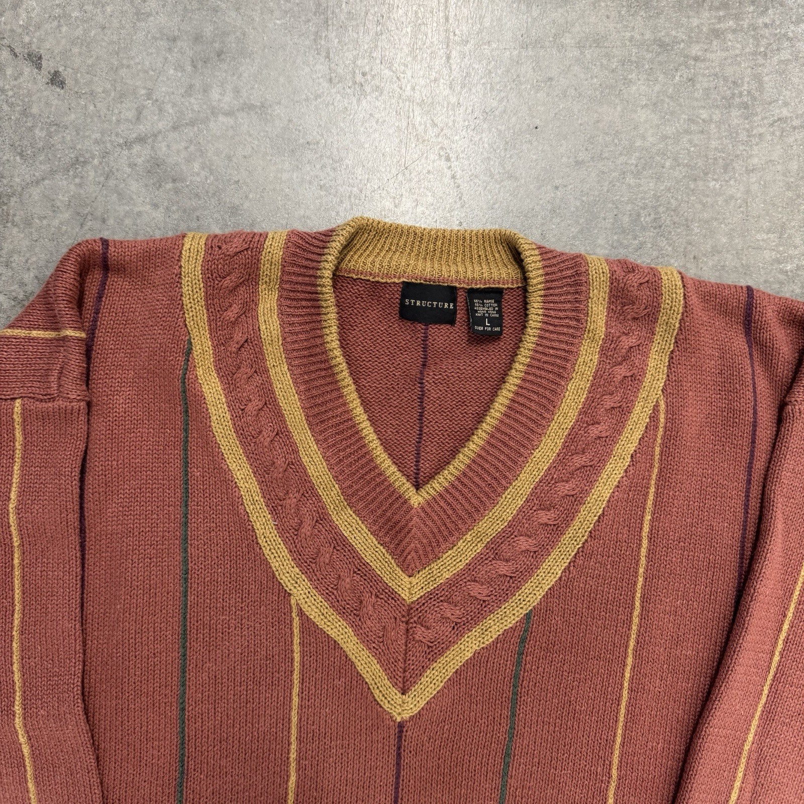 Vintage Structure Men’s Striped Cable-Knit V-Neck Sweater Chunky Large