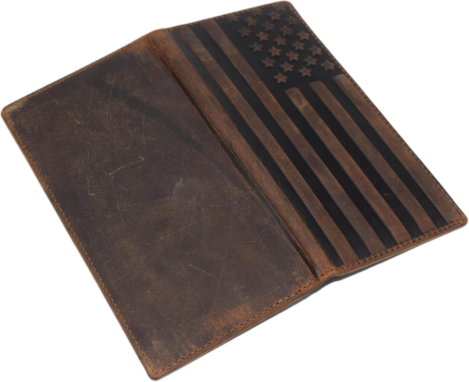 Leather Checkbook Cover Wallet Holder RFID Blocking USA Flag Brown