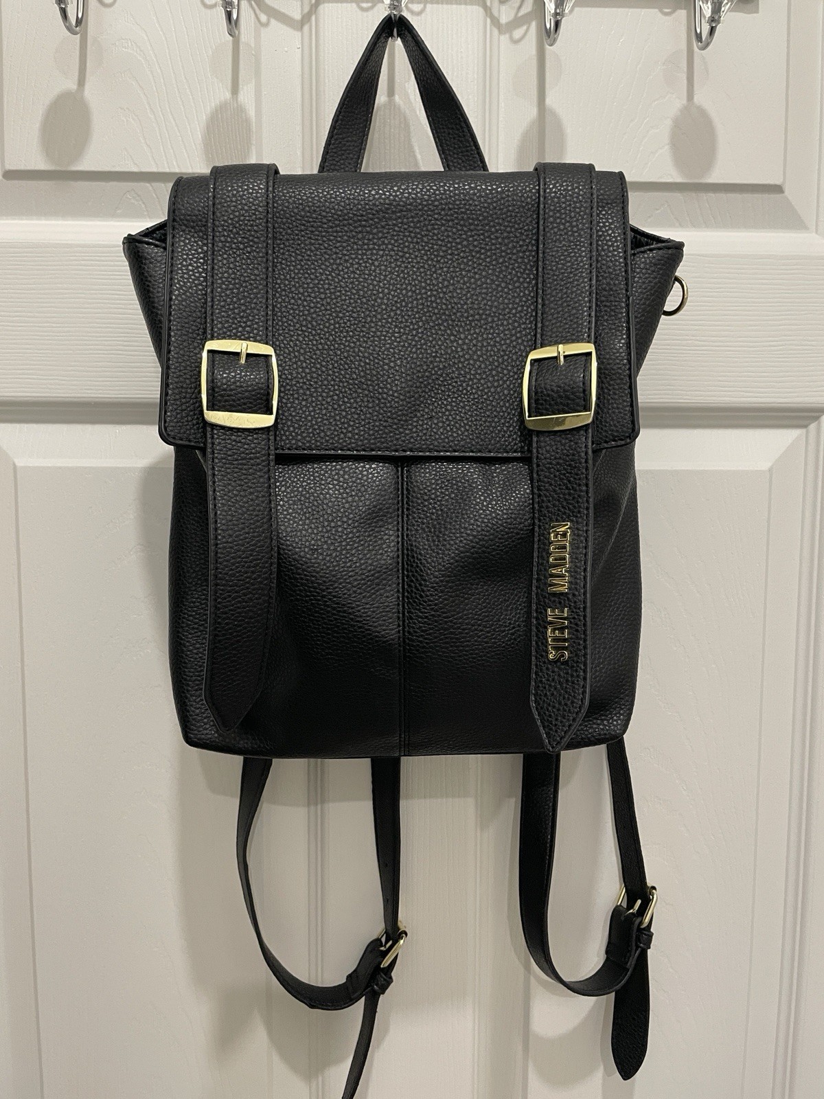 Steve Madden Black Pebbled Backpack Buckle Flap Coin Purse Adjustable Strap