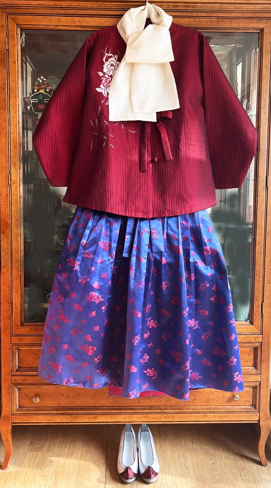 S-M Traditional Korean Modern Hanbok Set-Quilted Nubi Burgundy Top/ Pants /Scarf