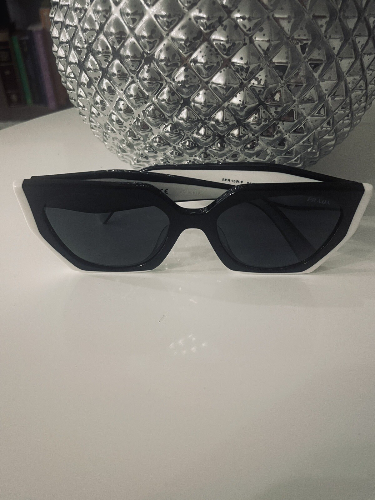 PRADA PR 15WS 09Q5S0 145mm Frame Rectangular Sunglasses – Black/White/Gray