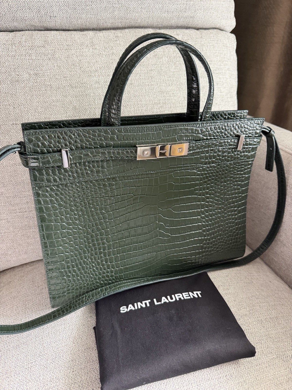 SAINT LAURENT Small Manhattan Green Silver Embossed Leather Bag Shoulder Strap