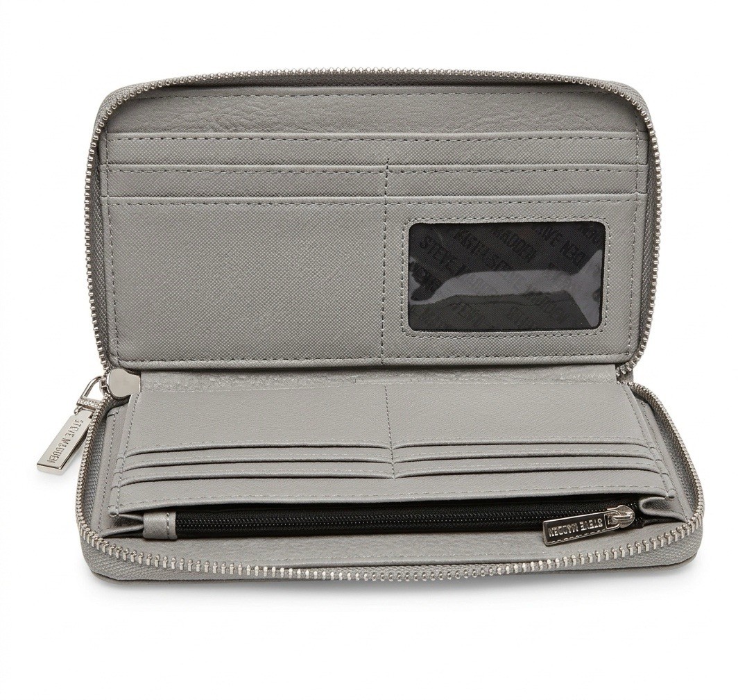 Steve Madden Beige Wristlet Wallet with Logo, Metal Accent, Zipper, Wrist Strap
