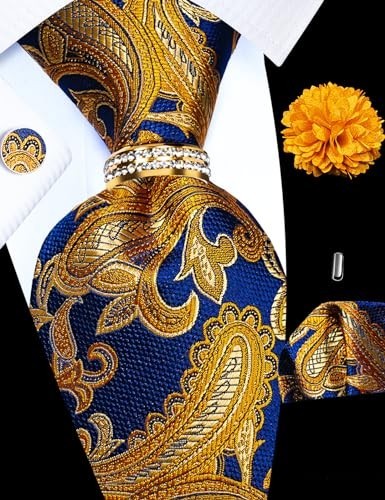 5PCS Men’s Silk Necktie Set with Pocket Square, Cufflinks, Gold Ring & Lapel Pin